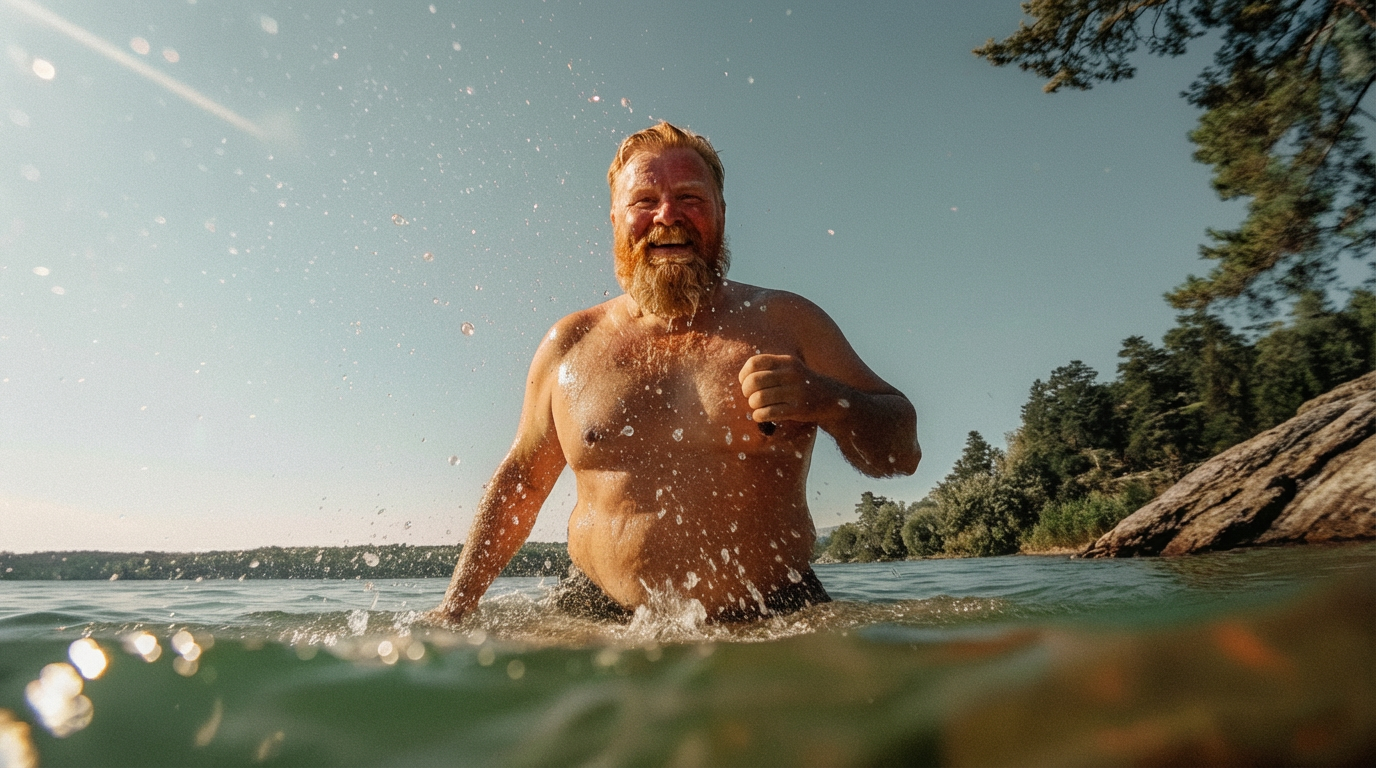 Ihmisen uimaranta luonnossa, vesi ja kerrostumausuma, taivasella selkeä sää, yhteisö ja metsän taustalla.