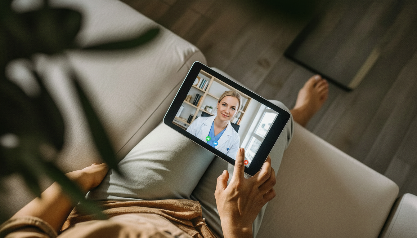 Henkilö videochattii lääkäri kanssa kotona.