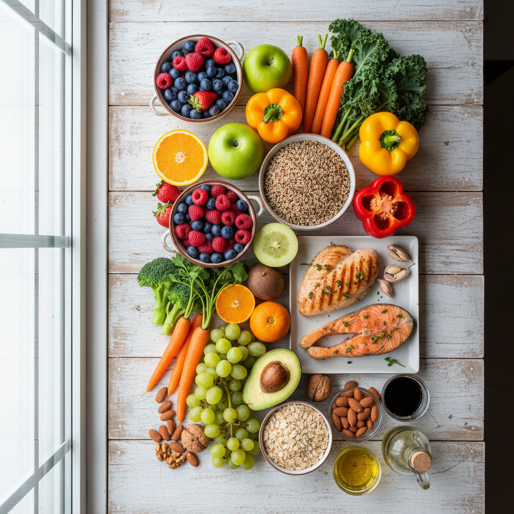Kuva sisältää erilaisia tuoreita hedelmiä, vihanneksia, marjoja, pähkinöitä, siemeniä, ja kaloja, järjestettynä pöydälle.