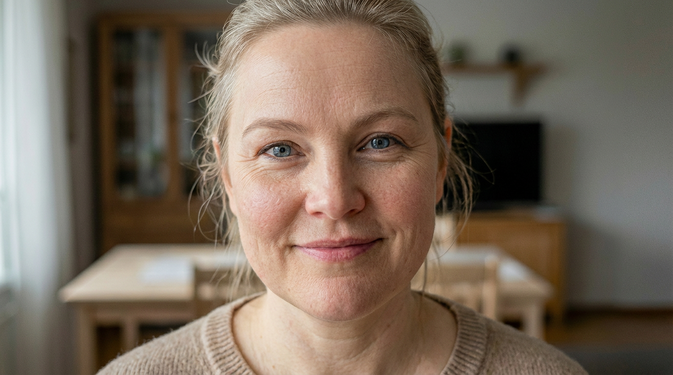 Nainen hymyilee sisätiloissa, taustalla keittiö ja televisio.