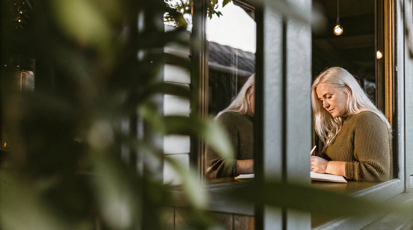 Nuori nainen kirjoittaa päiväkirjaa ikkunan äärellä, kuvasta näkyy hänen kasvonsa ja vaaleat hiuksensa.