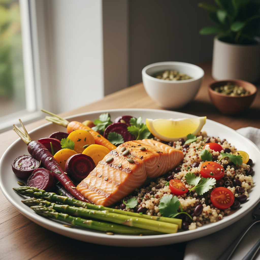 Lautasella on lohifilee, kvinoaa, kirsikkatomaatteja, lehtisalaattia, oliiveja, ja retiisejä, sekä sitruunan lohko.