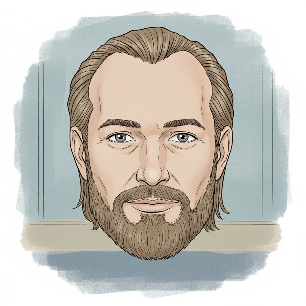 Henkilön kasvokuvan piirtämä on paperille tai näytölle, kasvot ovat keskellä kuvaa, tausta on vaaleansininen.