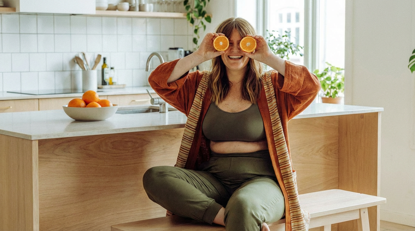 Nainen istuu keittiössä, pitää kädellään kaksi appelsiinia silmillä ja hymyilee.