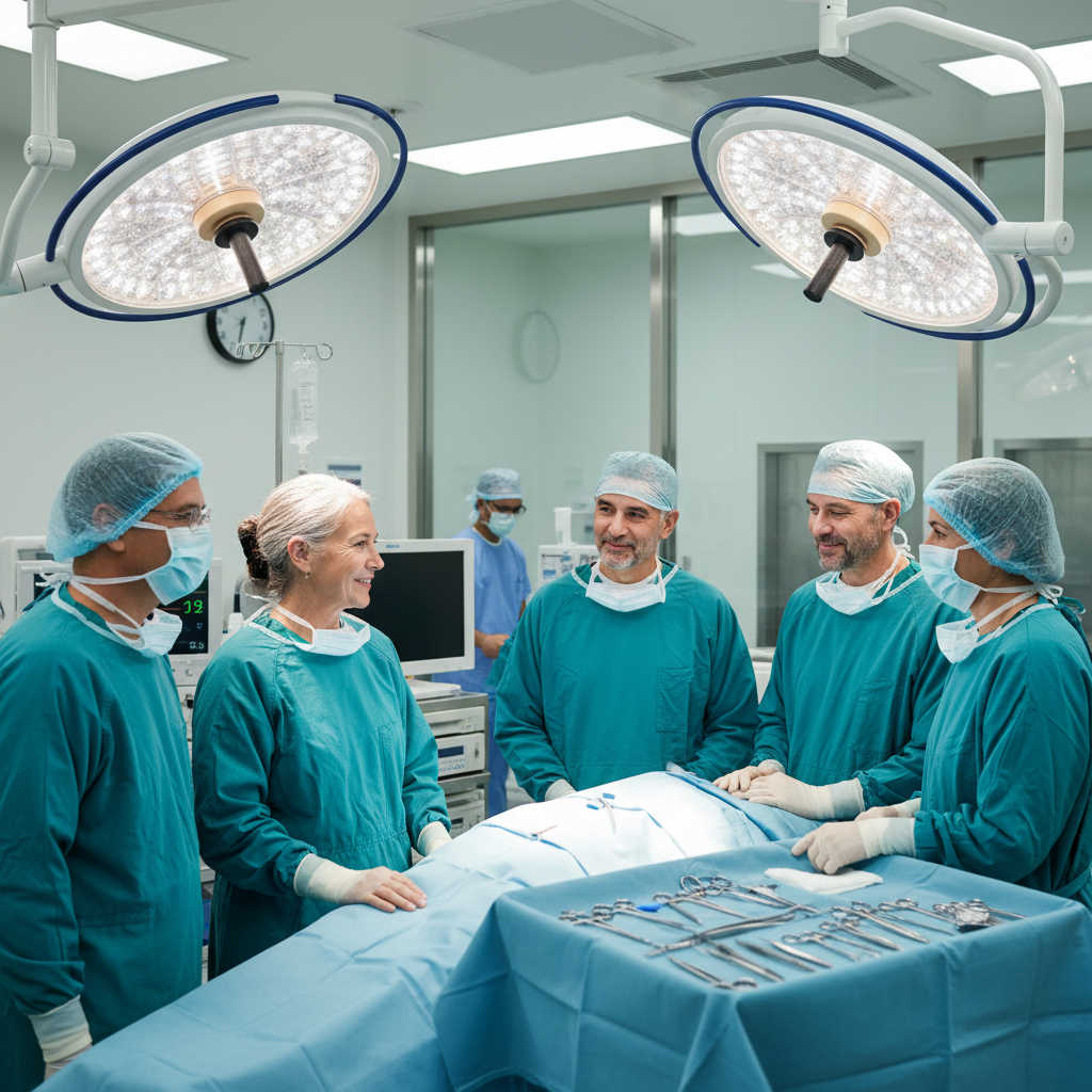 Leikkaussalissa kirurgit ja sairaanhoitajat keskustelemassa leikkauksen aikana, ympärillä kirurgiset työkalut ja läpivalaisulamput.