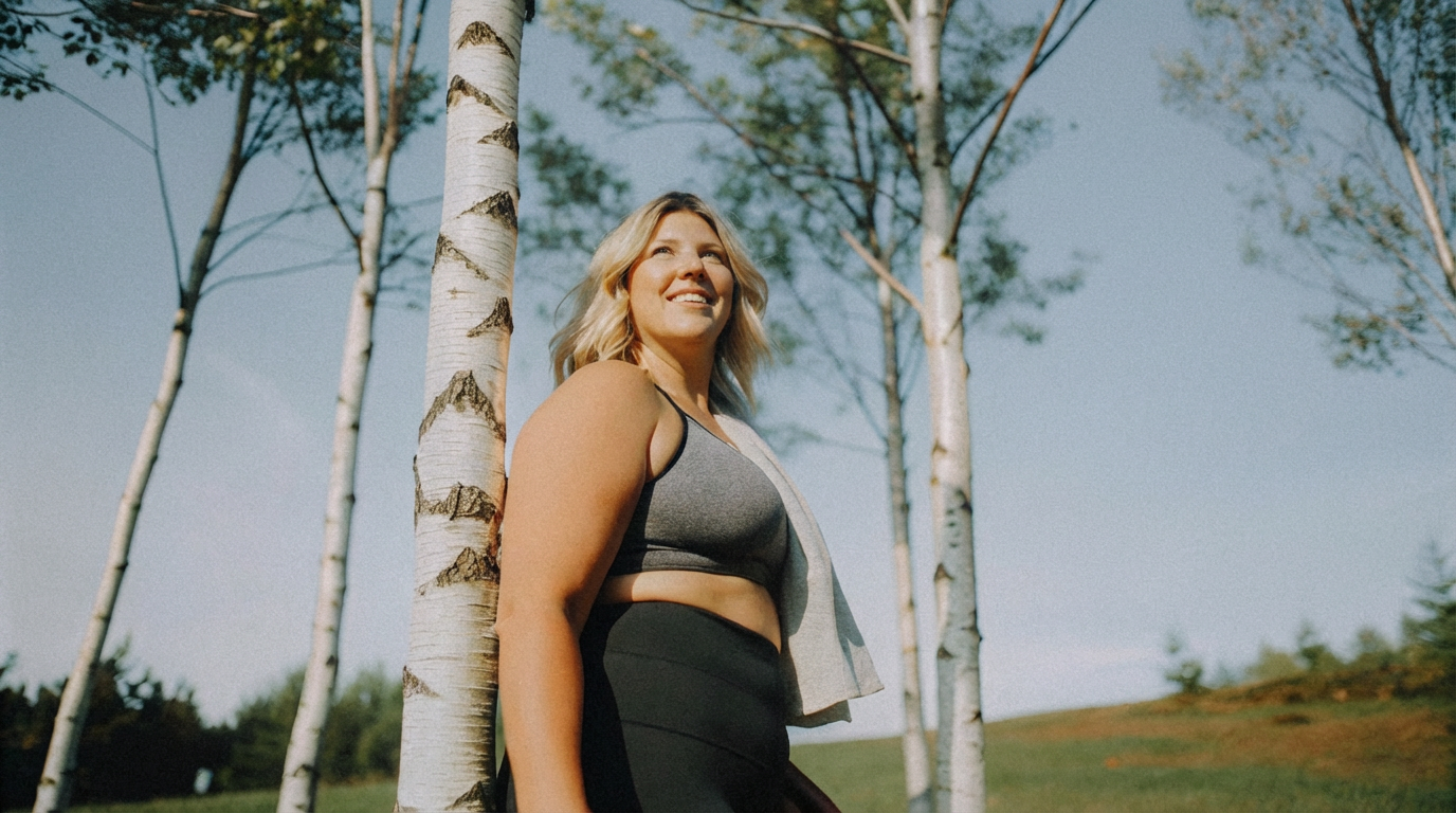 Nainen seisoo metsässä puun vieressä, hymyilee ja katsoo ylös, taustalla puuryhmä ja sininen taivas.