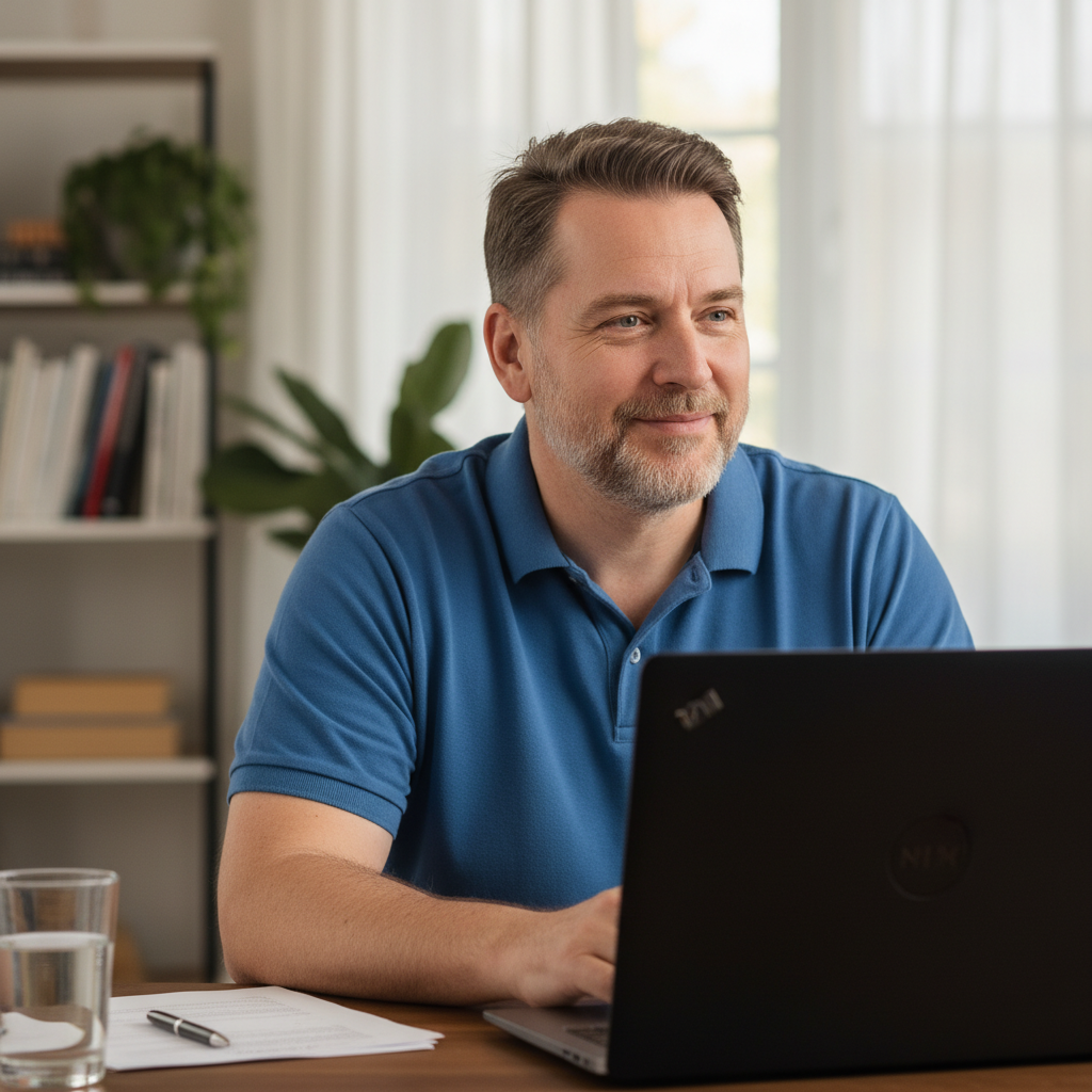 Mies istuu kotitoimistossa tietokoneen ääressä ja katsoo hymyillen näytölle.