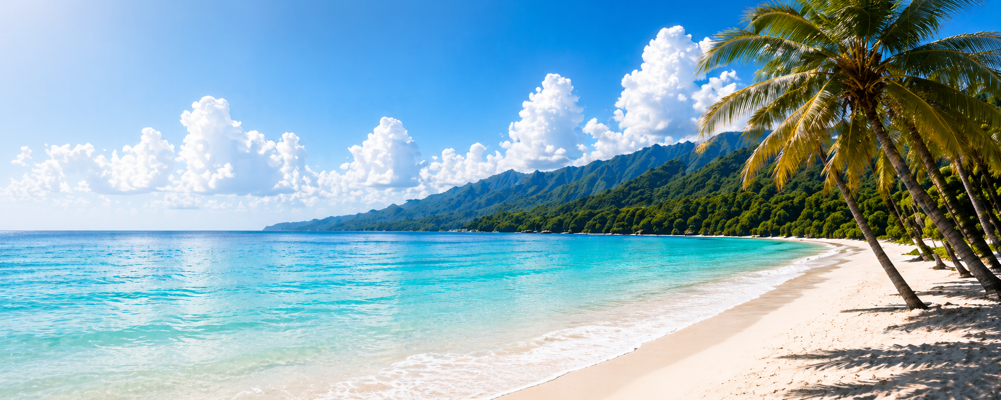 Tropical beach with white sandy shores, clear turquoise water, green hills in the background, partly cloudy sky, and palm trees on the right side.