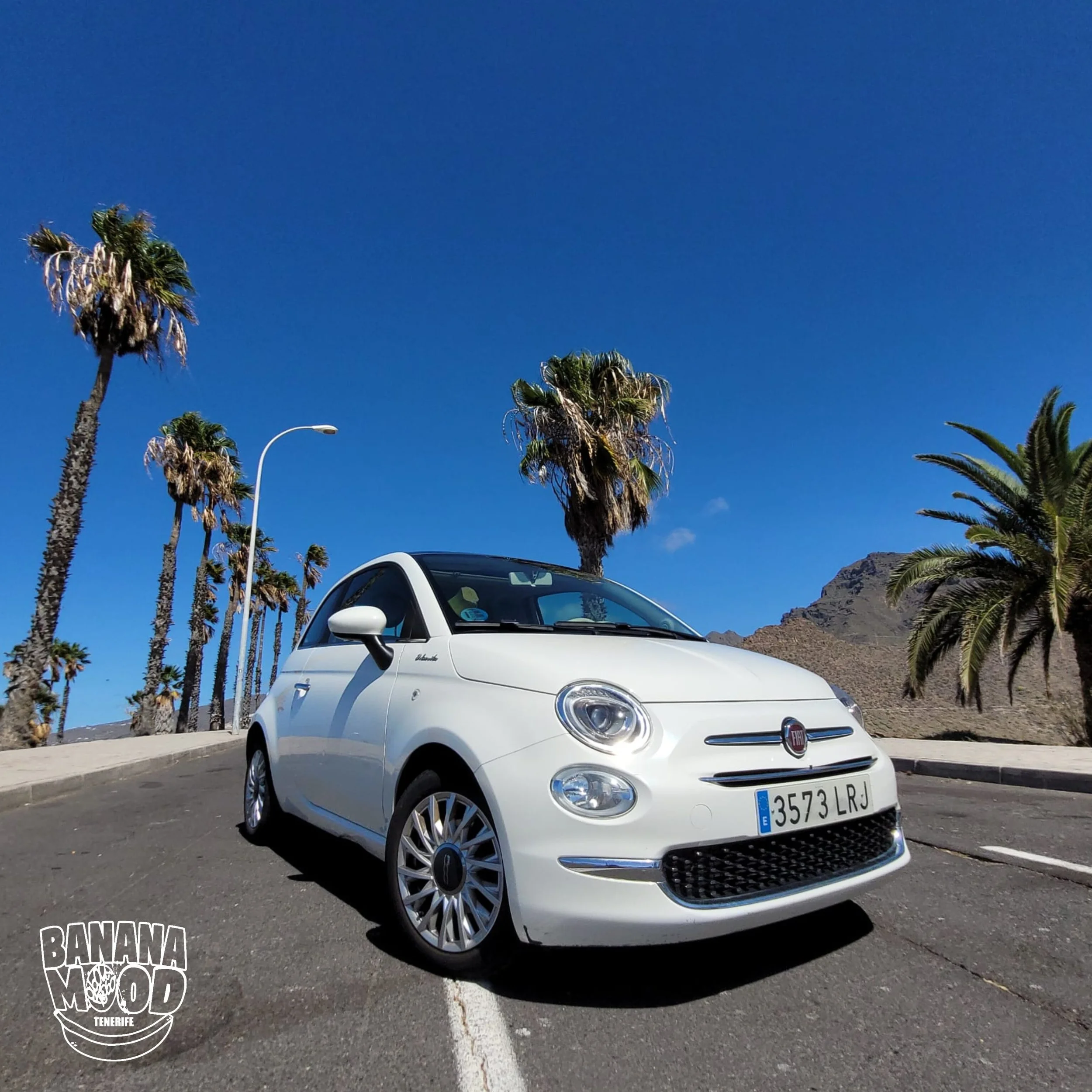 Coche Fiat blanco en una calle con palmeras y una montaña al fondo, bajo un cielo azul despejado.