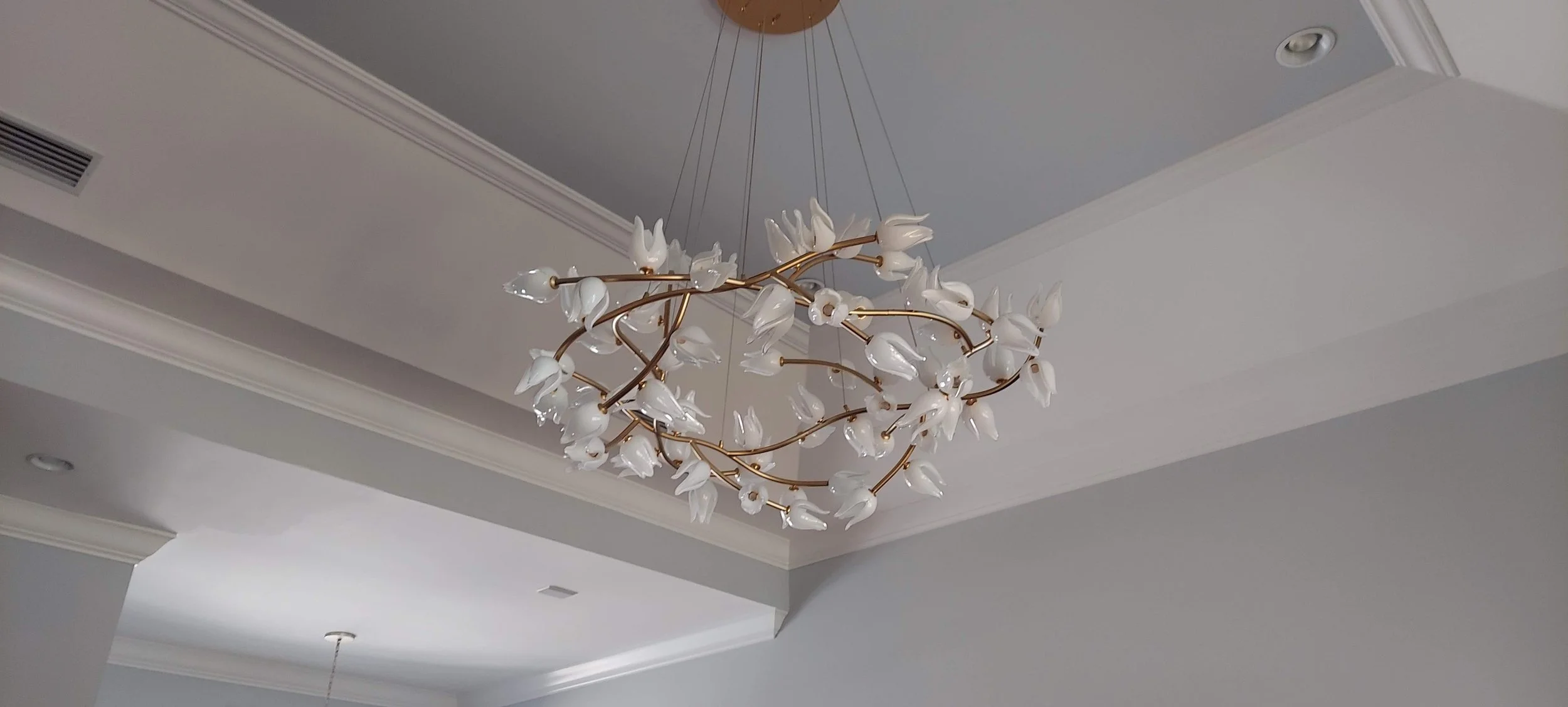 The Homeowner wanted to switch to a light blue paint color on the tray ceiling, from a simple white over this Home at The Oaks in Osprey, FL