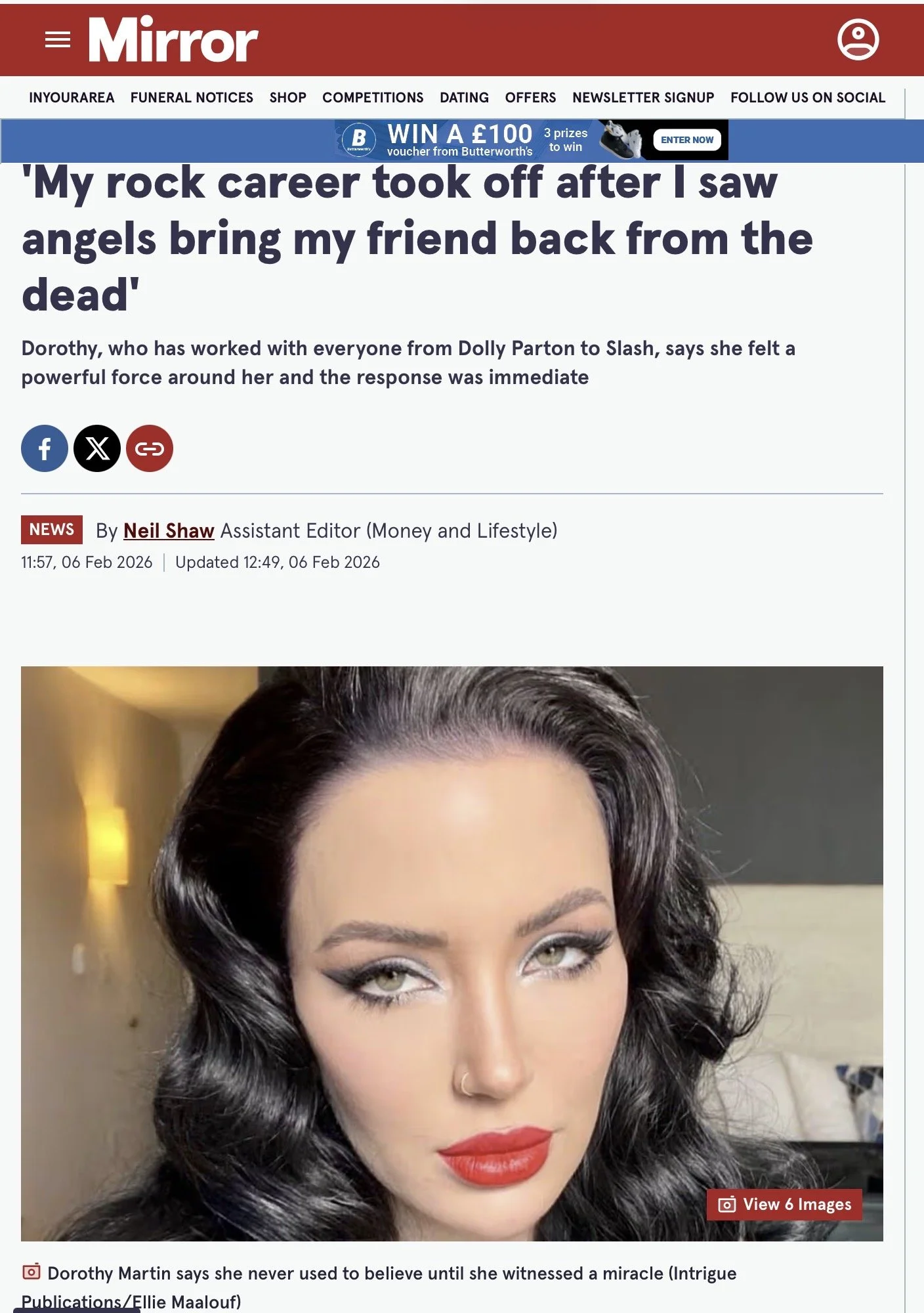 Rock Singer Dorothy Martin in tabloid newspaper, Daily Mirror, 2026