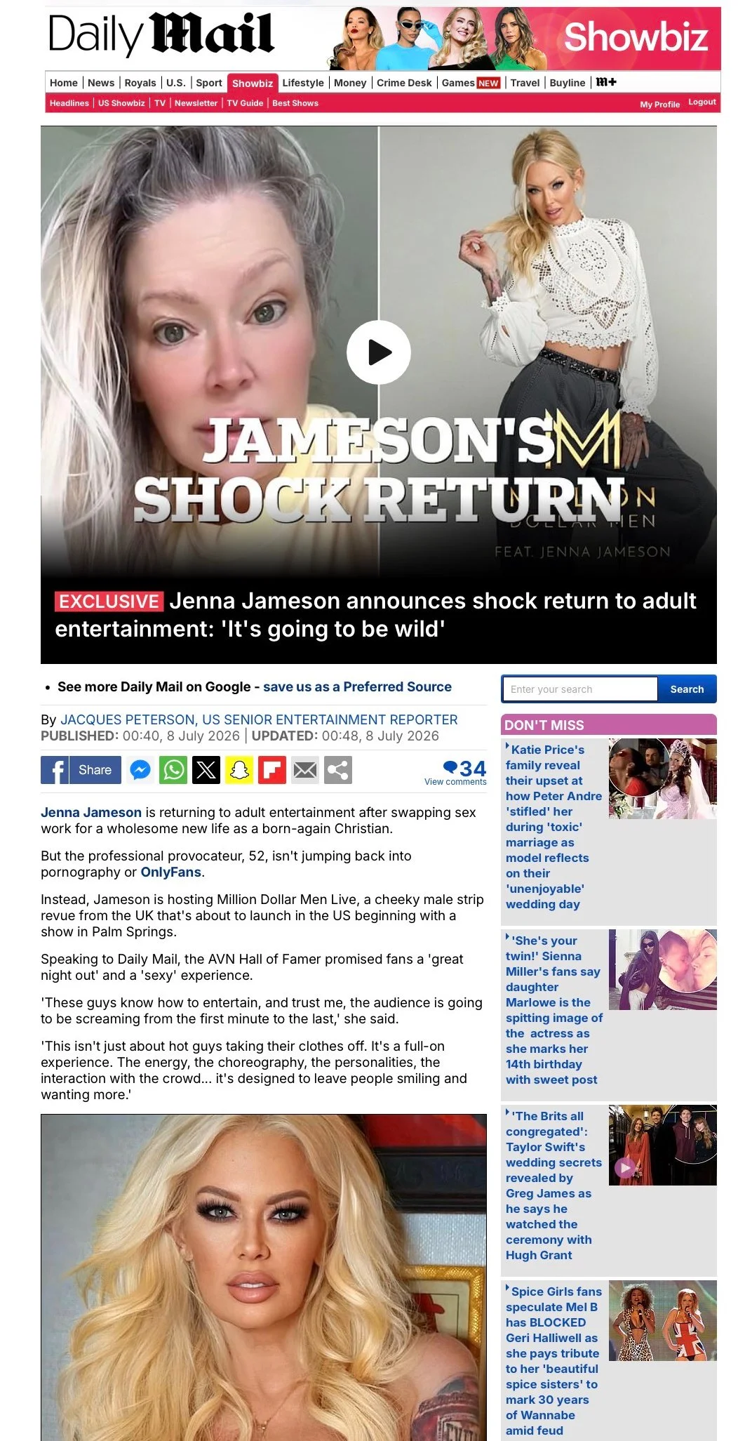 Jenna Jameson and Million Dollar Men Live featured on the Daily Mail online, July 2026