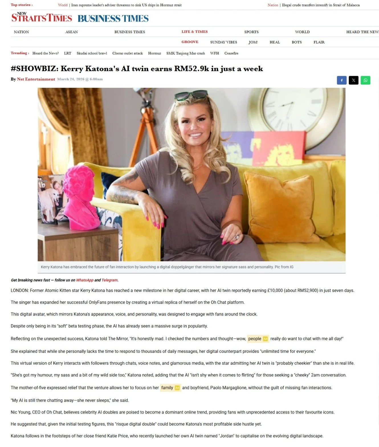 Kerry Katona and OhChat.com featured in the New Strait Times, Malaysia, 2026