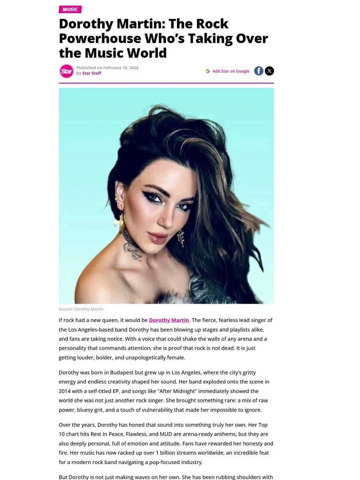 Dorothy Martin, lead singer of Billboard charting rock band, DOROTHY - featured in Star magazine USA