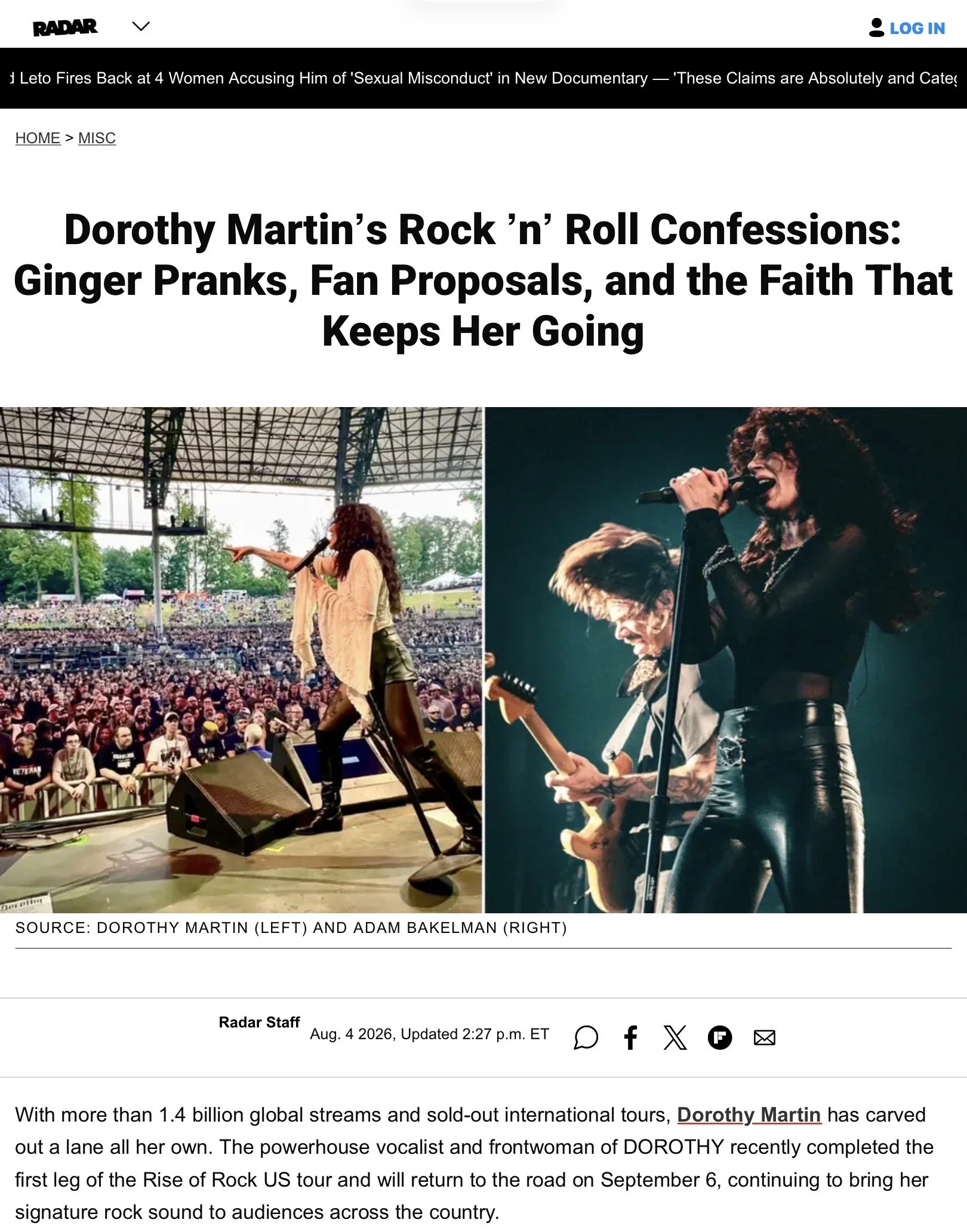 Rock singer Dorothy Martin on Radar Online, 2026
