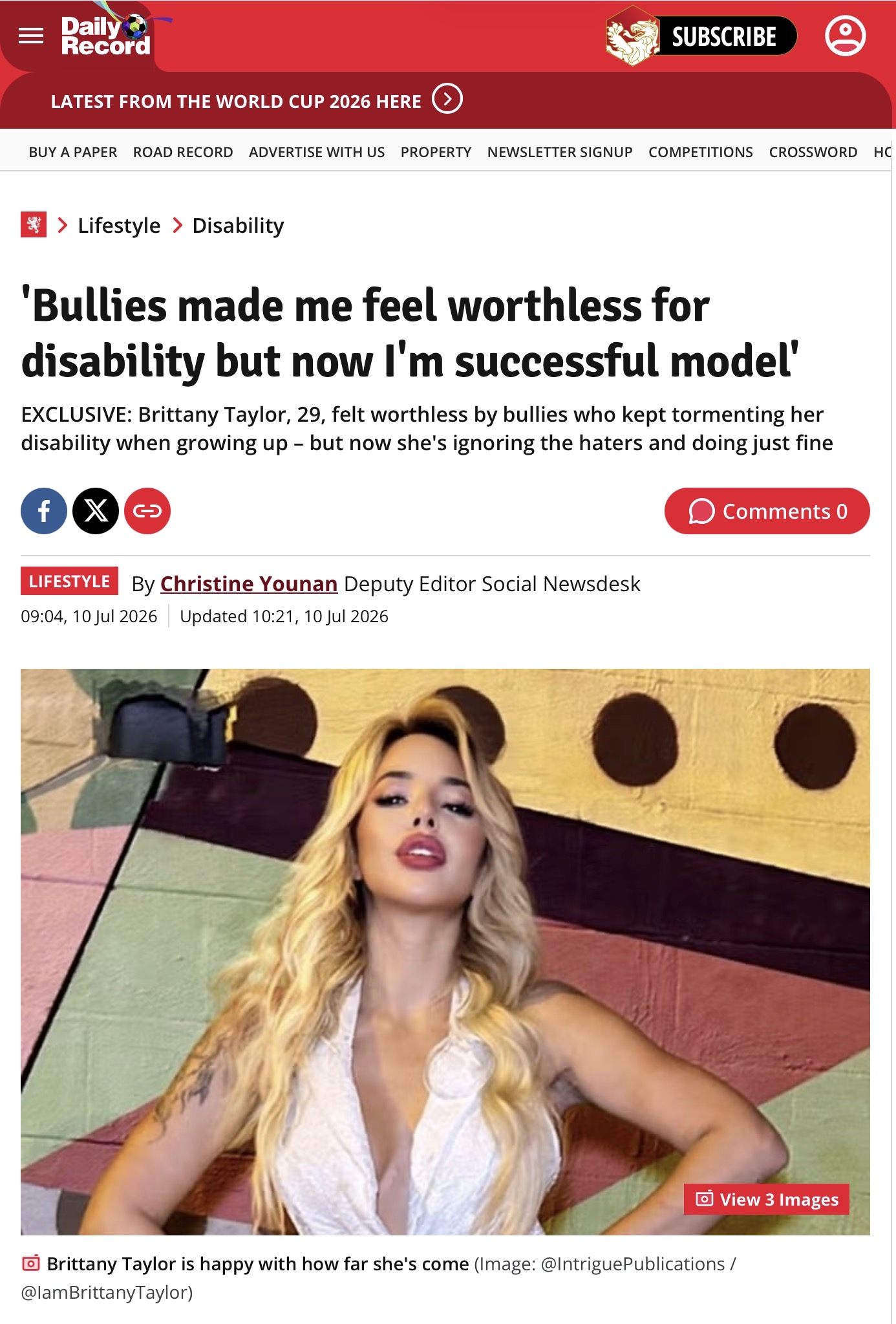 Model and actress Brittany Taylor in the Daily Record, 2026