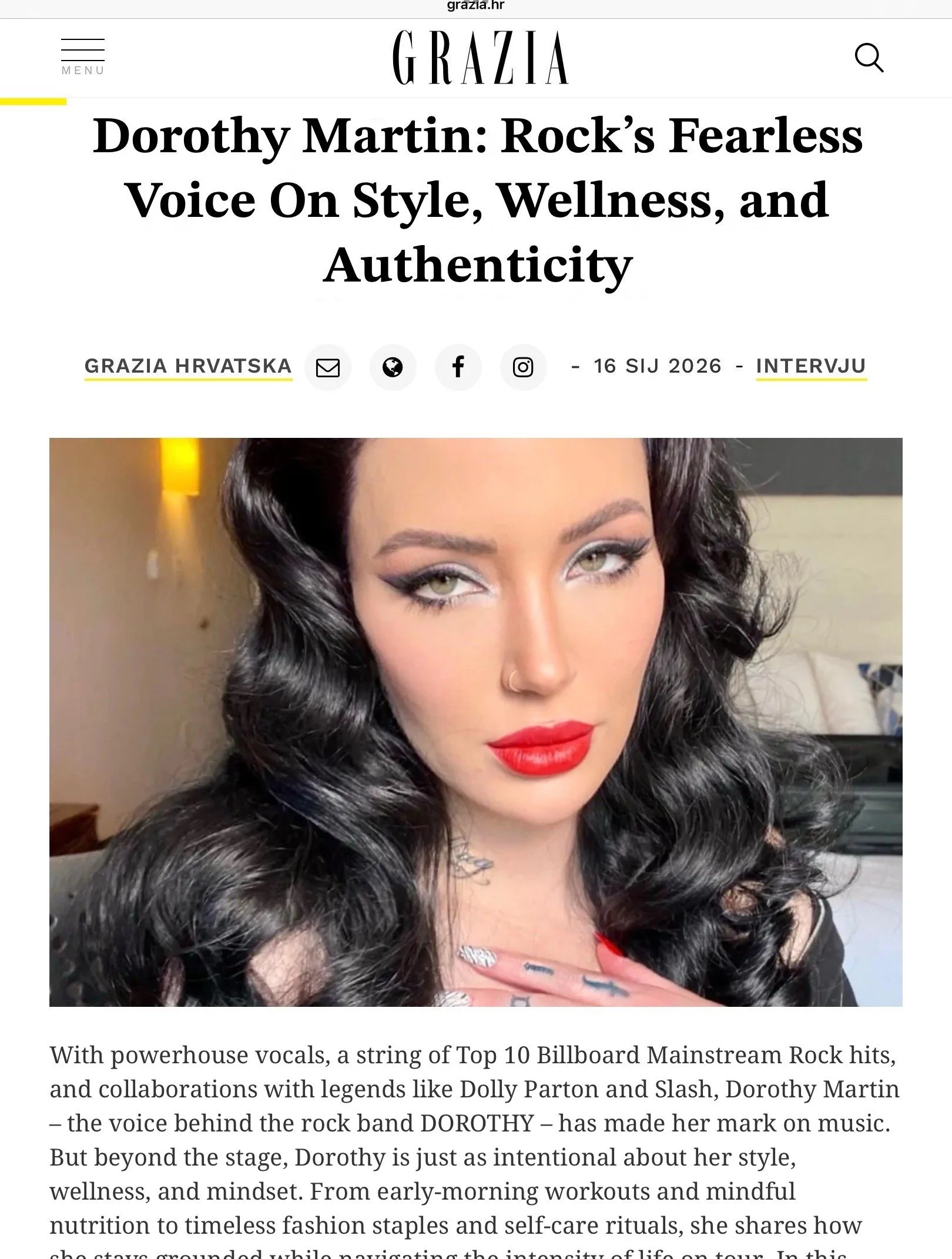 Dorothy Martin - lead singer of rock band DOROTHY - in Grazia magazine, Croatia