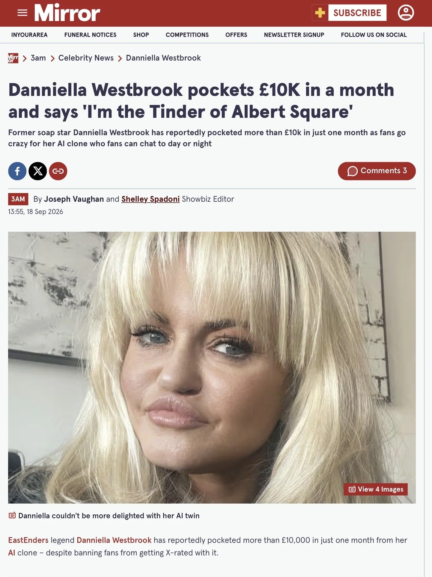 Actress and reality star Danniella Westbrook and AI platform OhChat in the Daily Mirror, August 2026