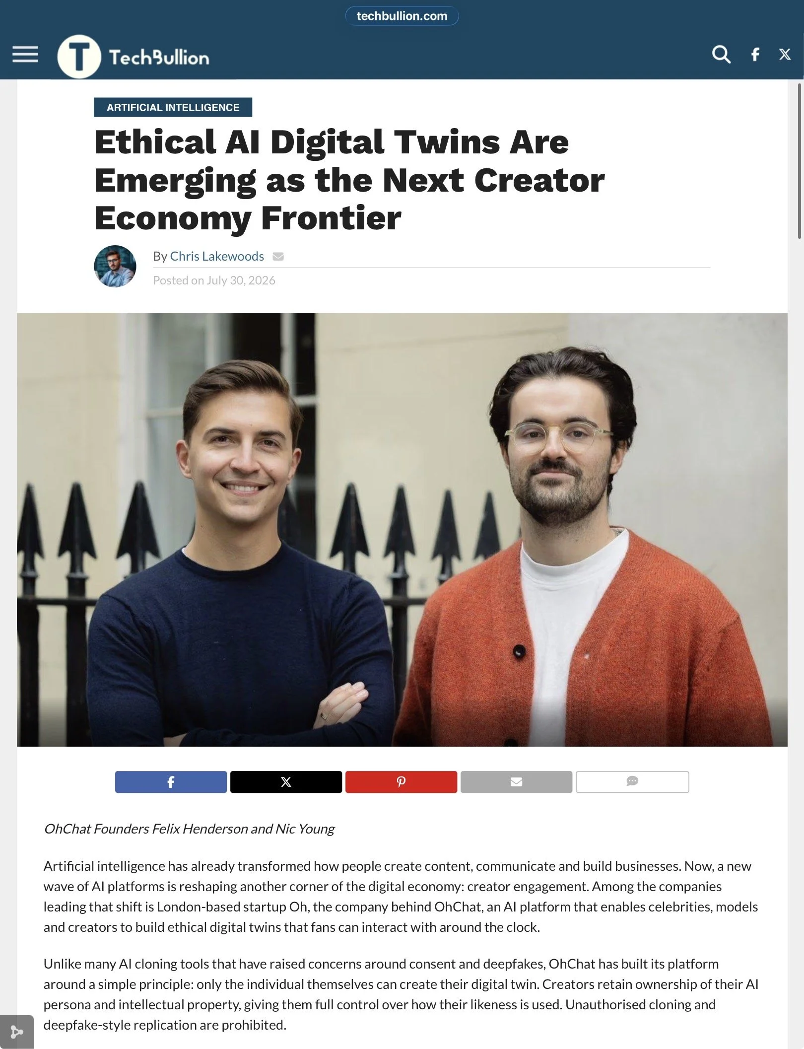 OhChat.com's founders featured in Tech Bullion, July 2026