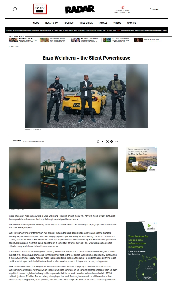 Multi-platinum songwriter and entrepreneur Enzo Weinberg featured on Radar Online, July 2026