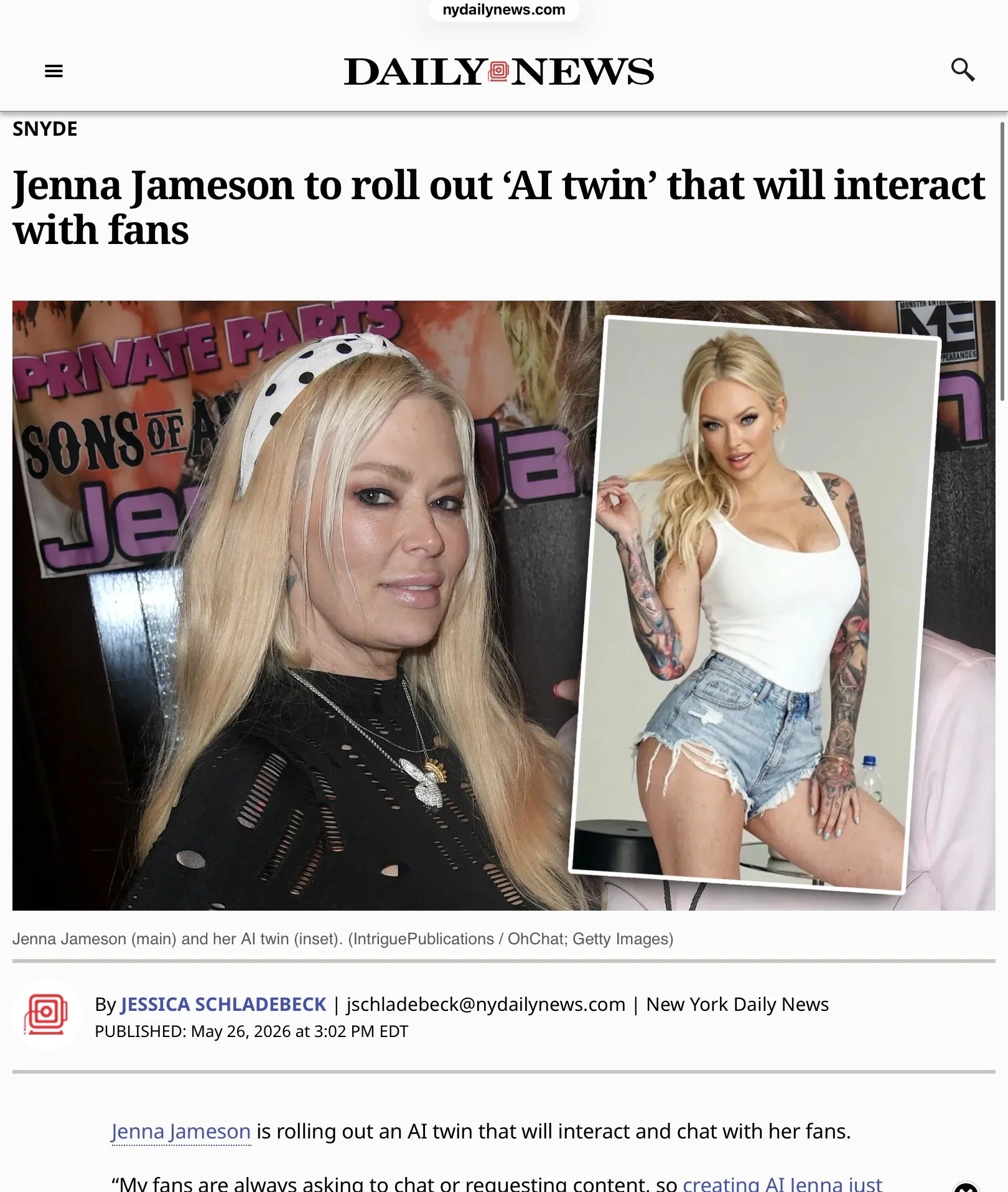 Jenna Jameson and OhChat article in the NY Daily News, May 2026