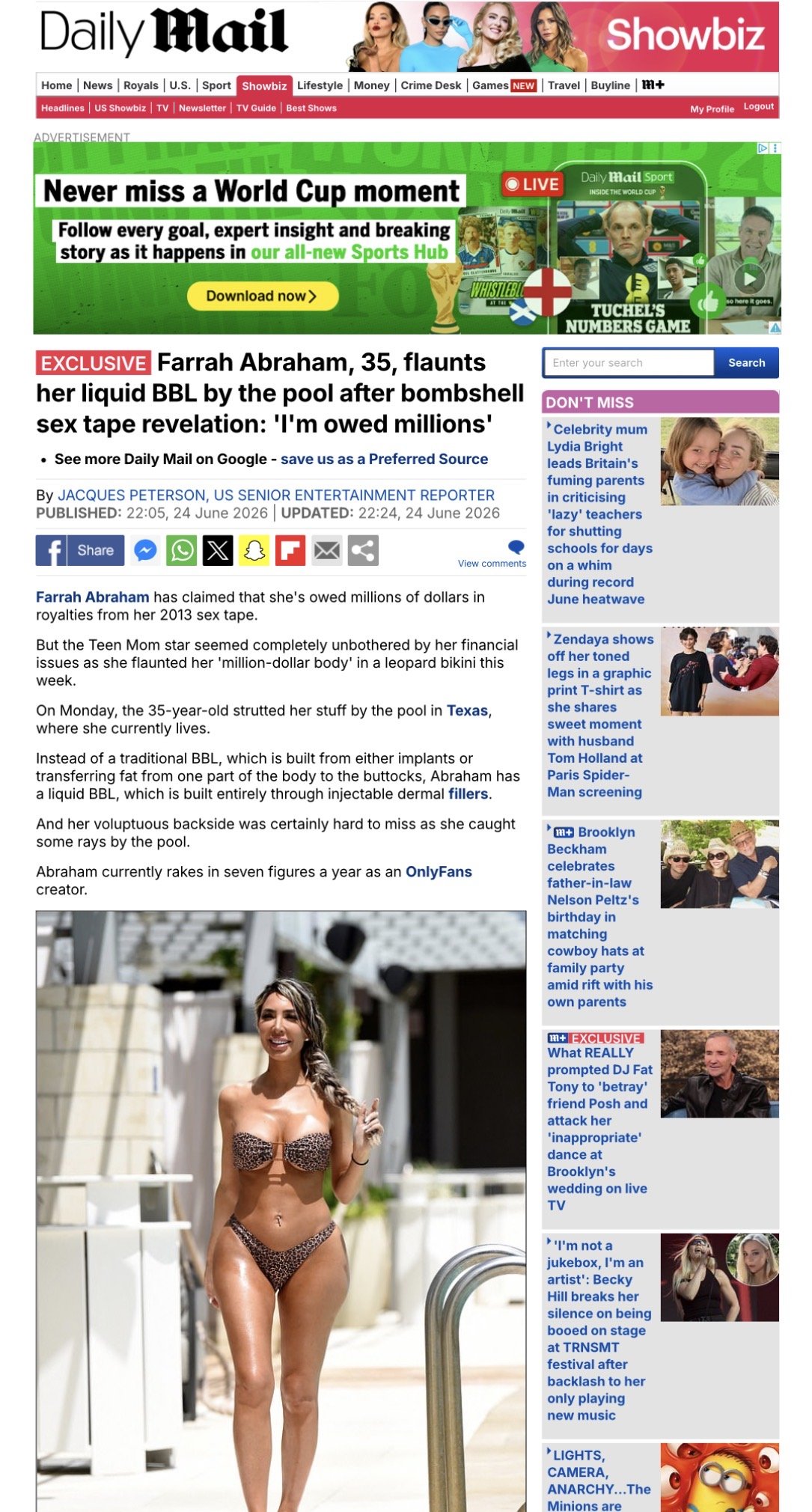 Reality TV star Farrah Abraham featured on the Daily Mail Online, June 2026