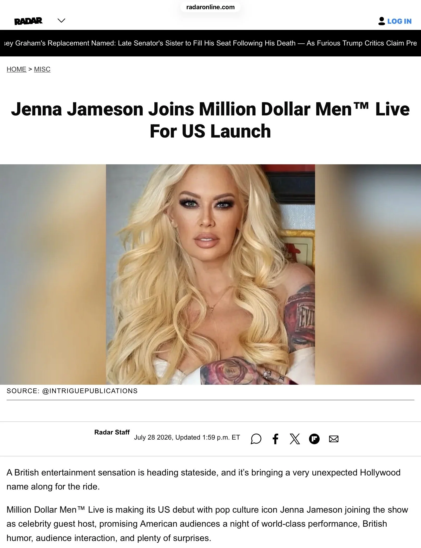 Jenna Jameson featured on Radar Online, 2026