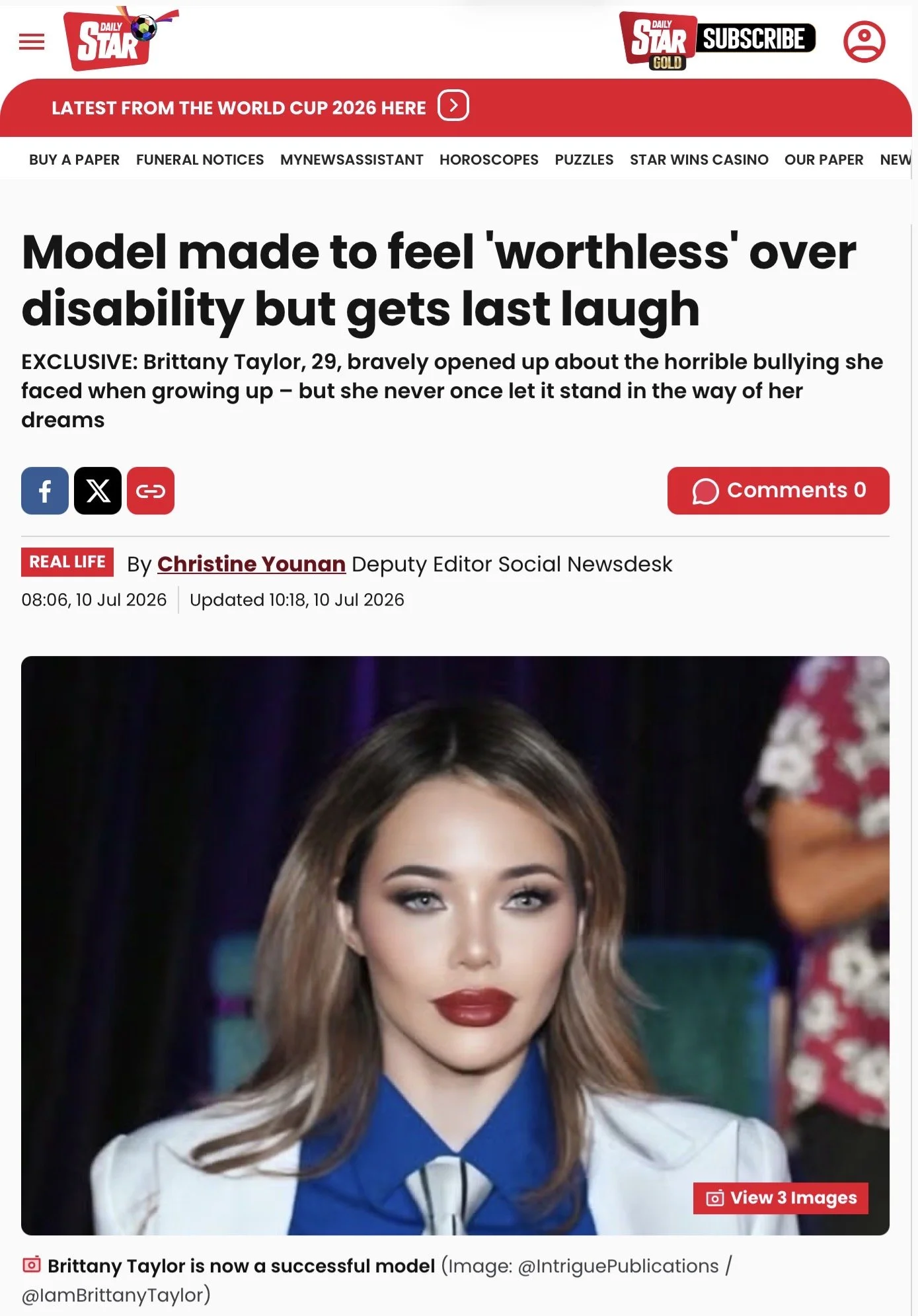 Model and actress Brittany Taylor in the Daily Star, 2026