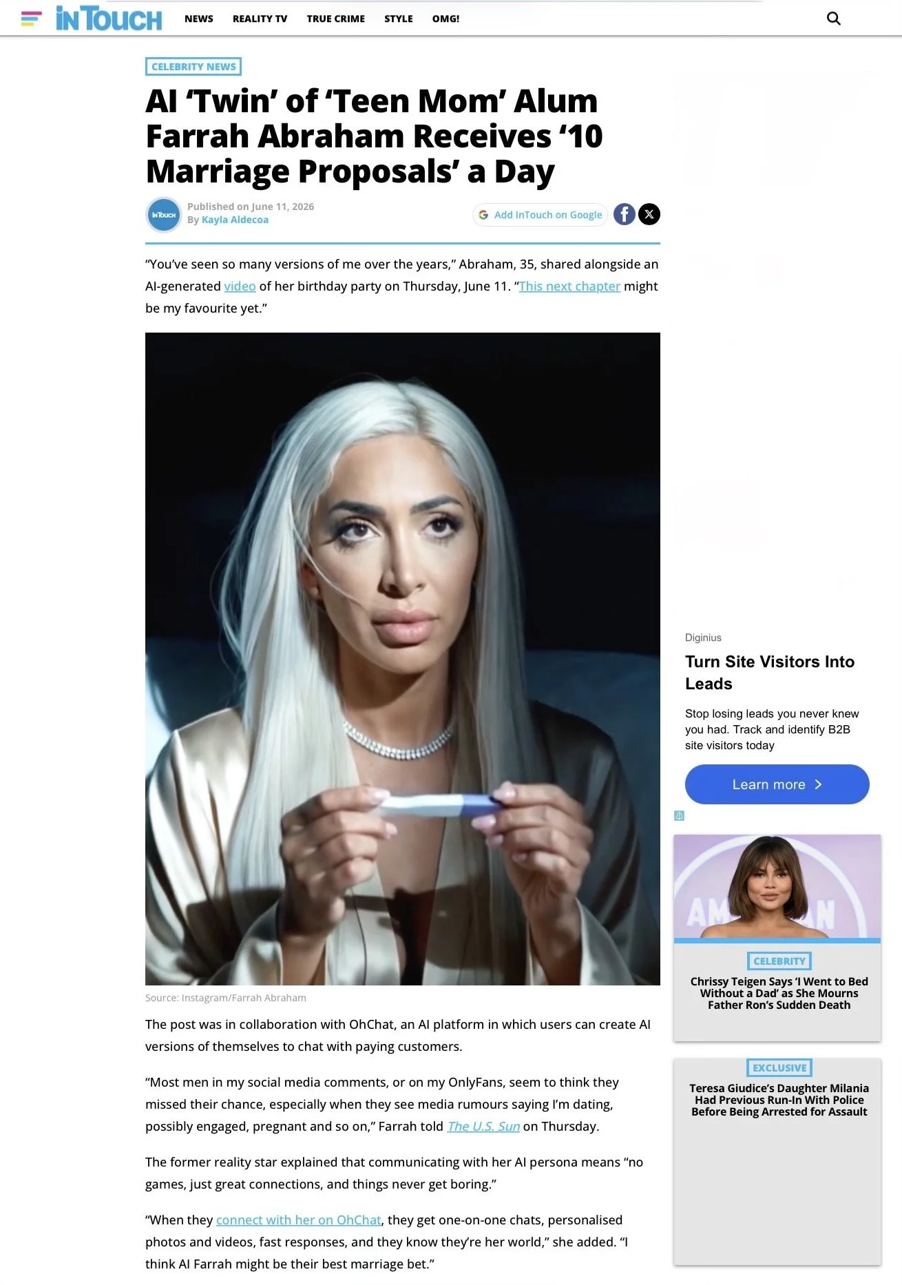 Reality star Farrah Abraham in In Touch Weekly magazine, 2026 (Available for US readers only)