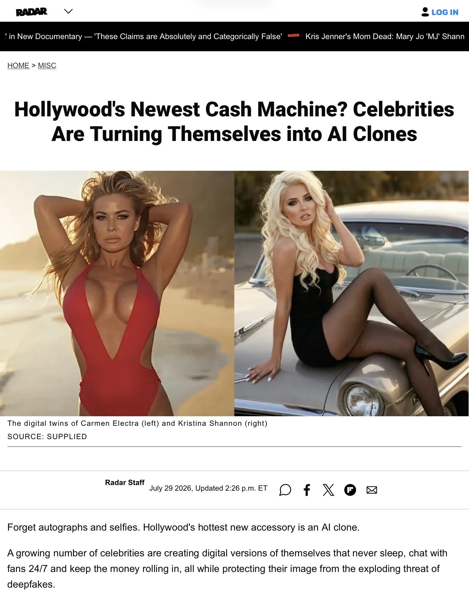 Radar Online article about AI platform OhChat.com and the AI twins of Kristina Shannon, Carmen Electra and Farrah Abraham
