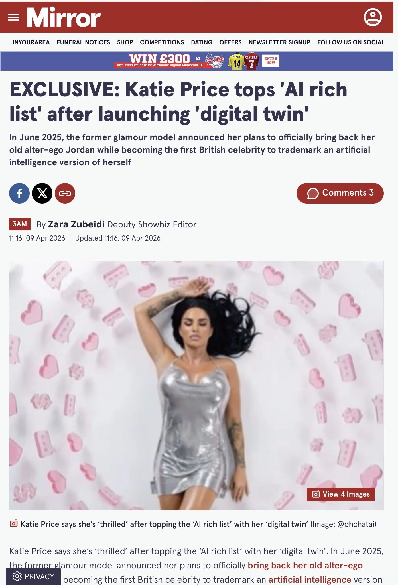 Katie Price and OhChat.com in The Mirror, 2026
