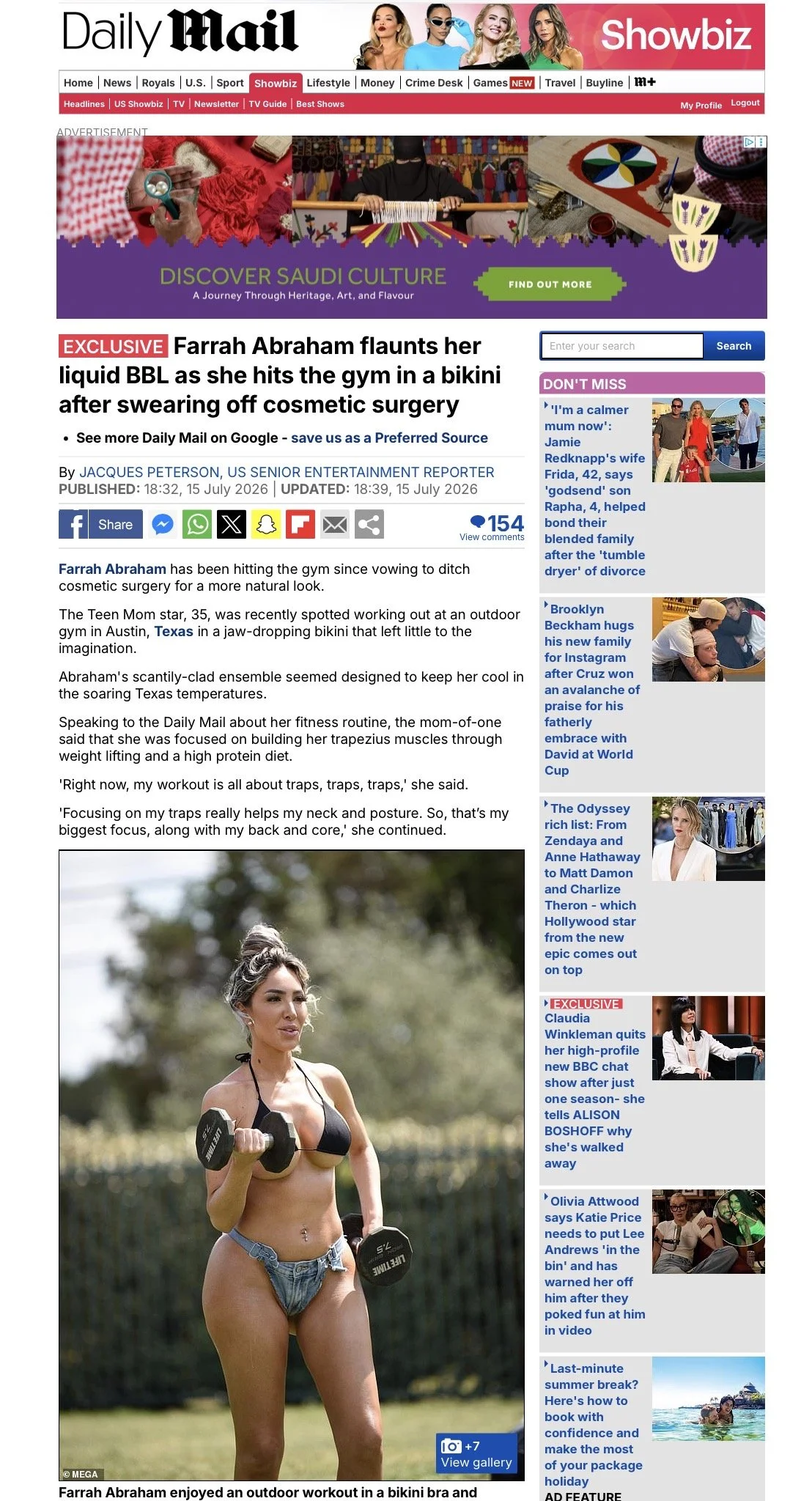 Celebrity Farrah Abraham on the Daily Mail online, July 2026
