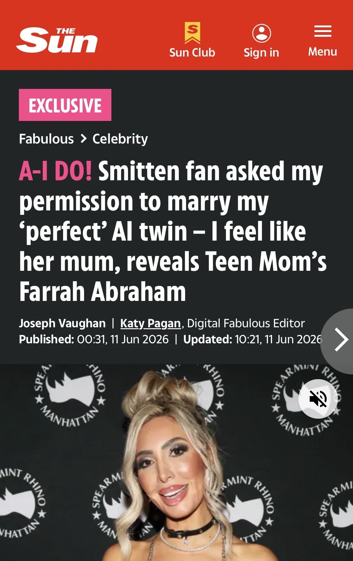 Reality star Farrah Abraham in tabloid newspaper, The Sun. 