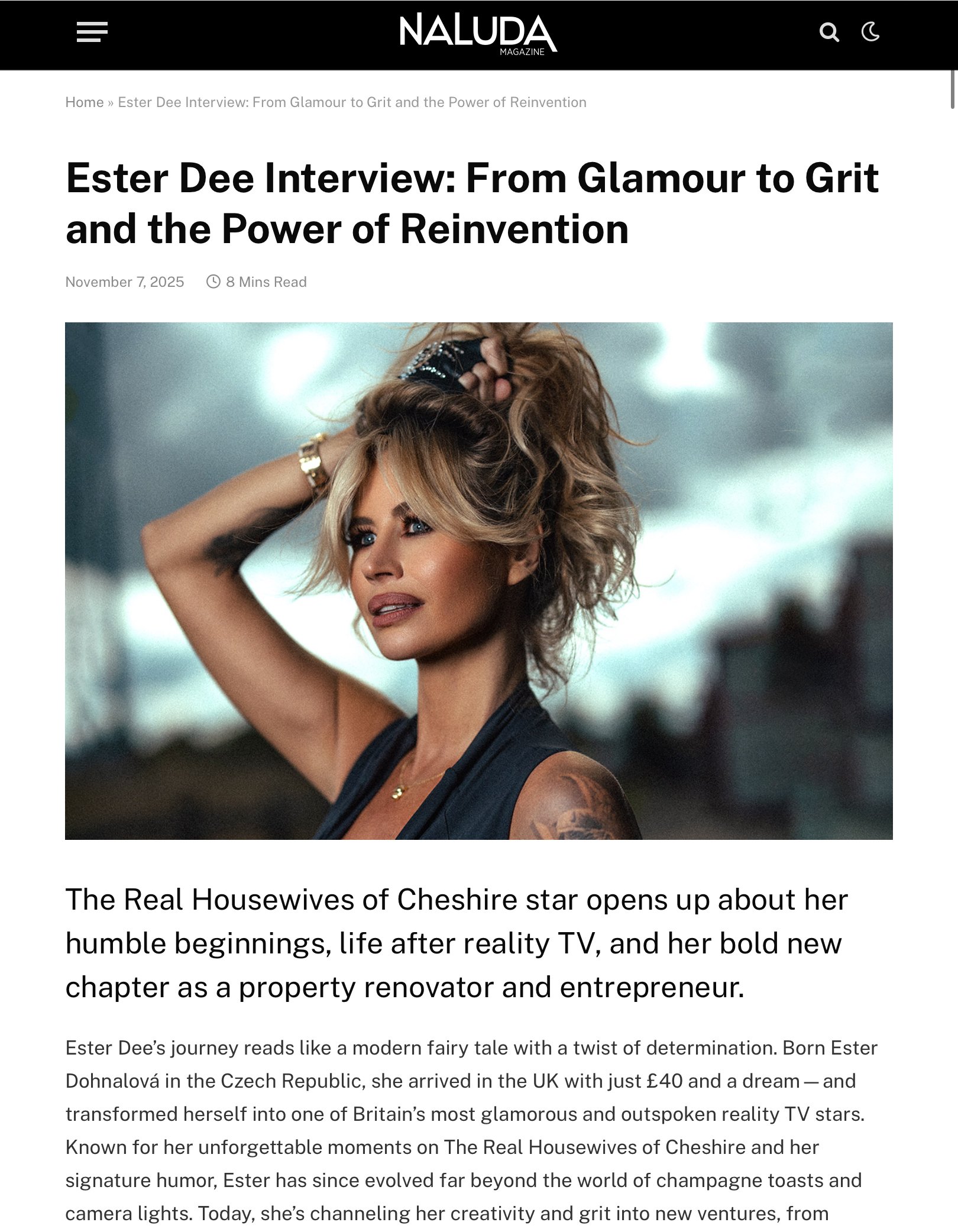 Real Housewives of Cheshire star Ester Dee in Naluda magazine