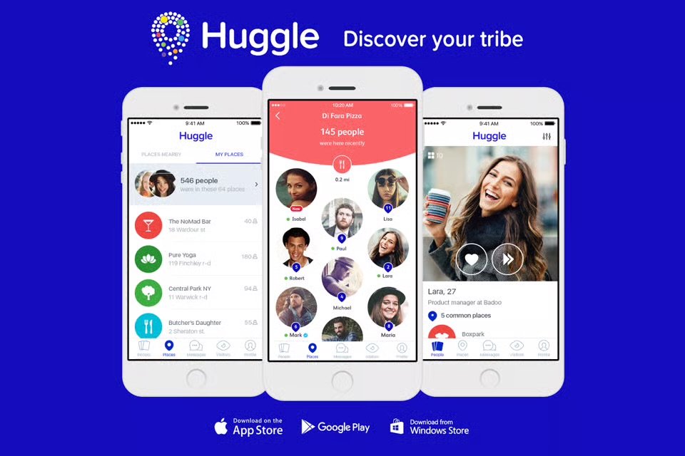 Three smartphones displaying the Huggle app screens: the first showing nearby places and user activity, the second showing a list of people in the user's tribe, and the third displaying a profile of a woman named Lara, age 27, with her photo, details