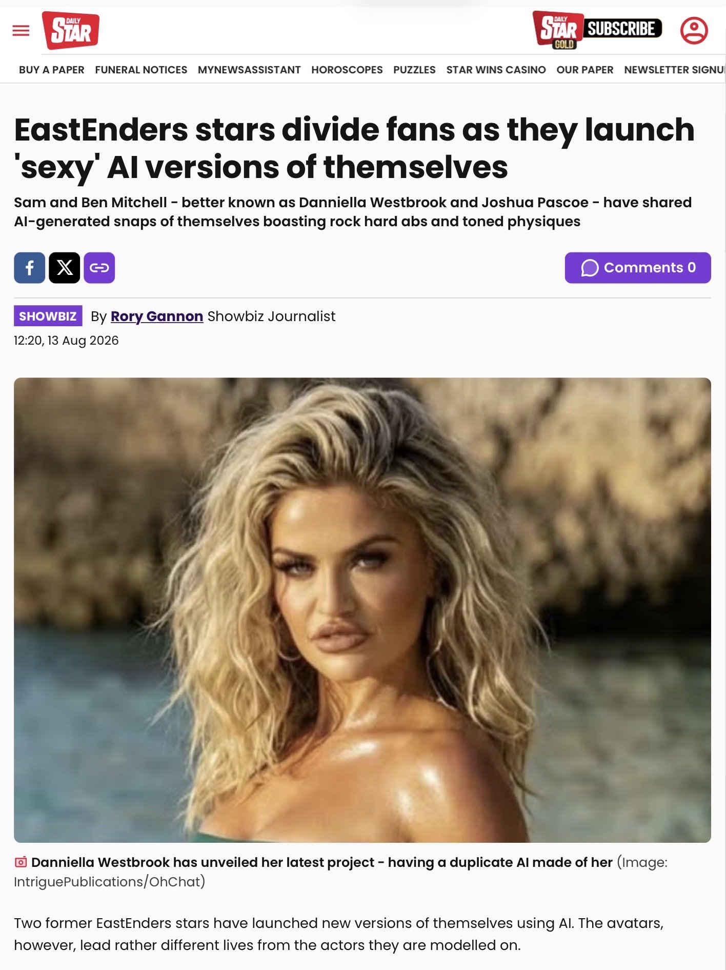 British TV star Daniella Westbrook featured on the Daily Star to promote her Oh Chat digital twin