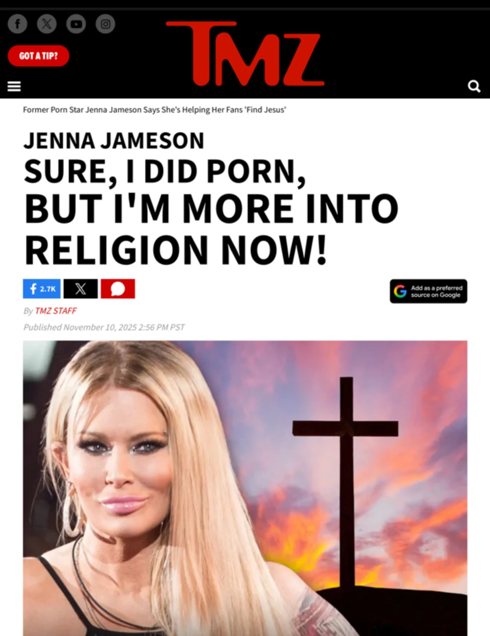 Celebrity Jenna Jameson featured on TMZ, November 2025
