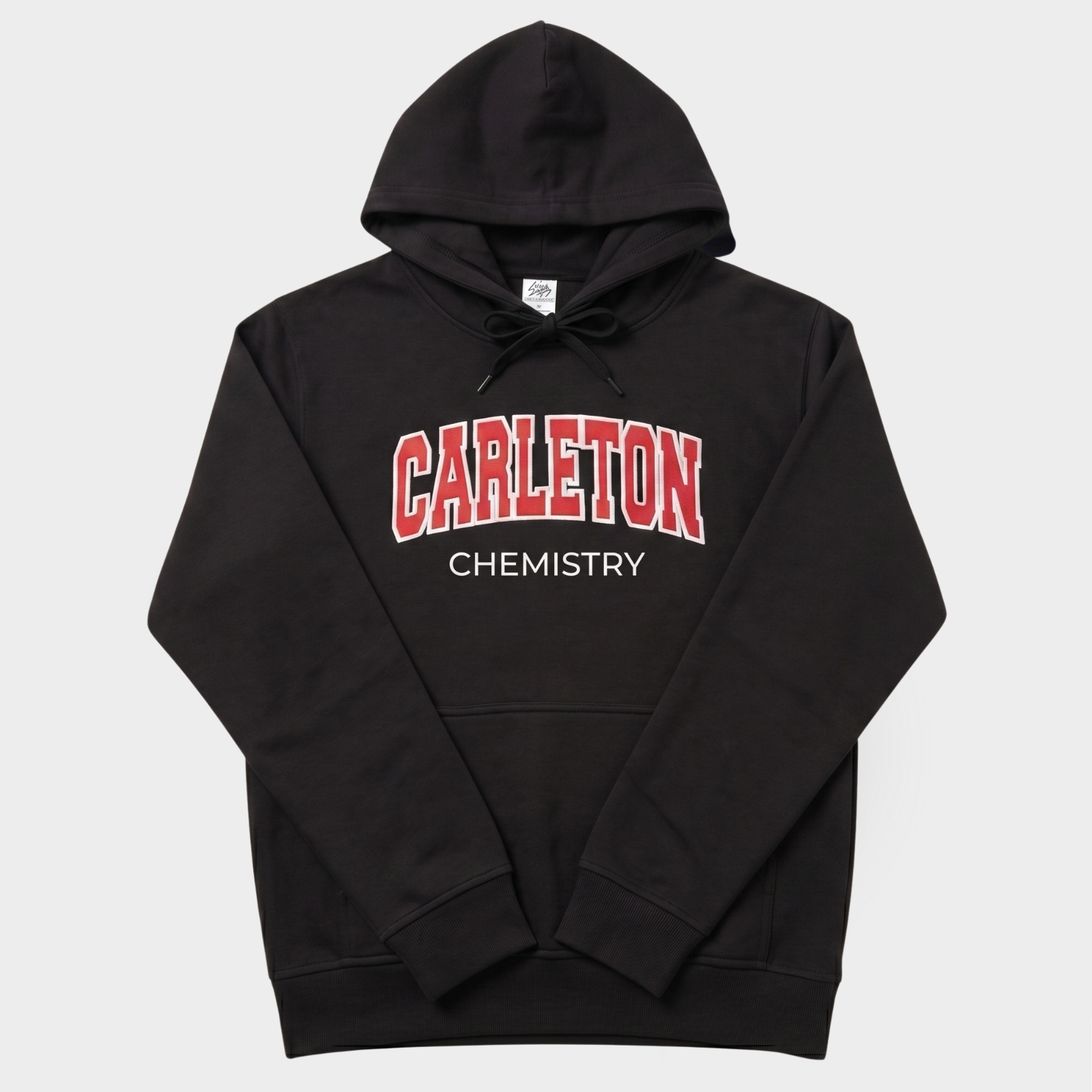 Black hoodie with 'Carleton Chemistry' logo on the front, displayed flat on a light background.