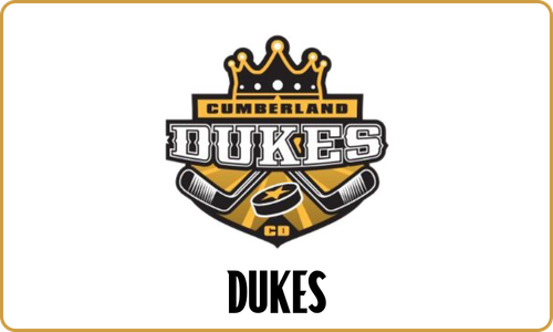 Cumberland Dukes hockey team logo with a crown, hockey sticks, and a puck, and the text 'DUKES' below.