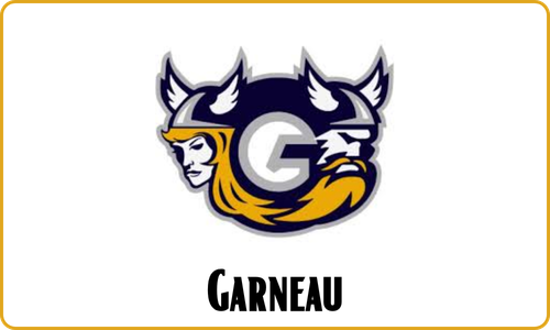 A logo featuring a stylized griffin with a woman's face on the left and a lion's face on the right, with a large letter 'G' in the center. The word 'GARNEAU' is written below the logo.