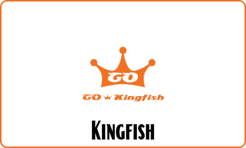 Logo of GO Kingfish with an orange crown symbol and the words 'GO Kingfish' underneath, and the word 'Kingfish' at the bottom.