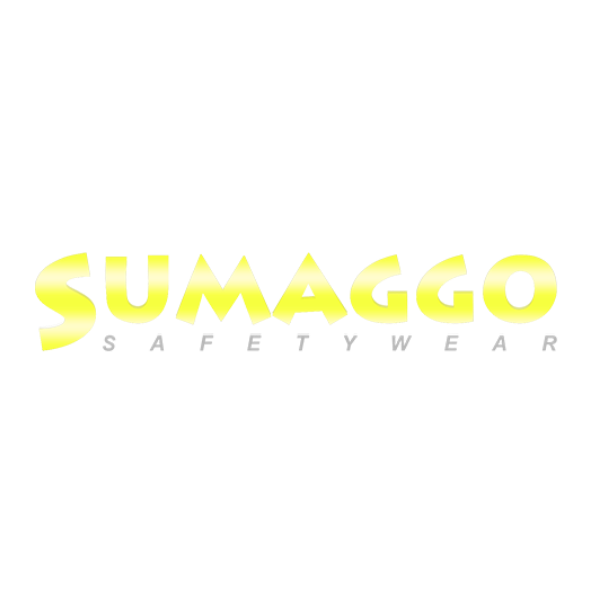 Logo for Sumaggo Safety Wear with bold yellow text and smaller gray letters beneath.