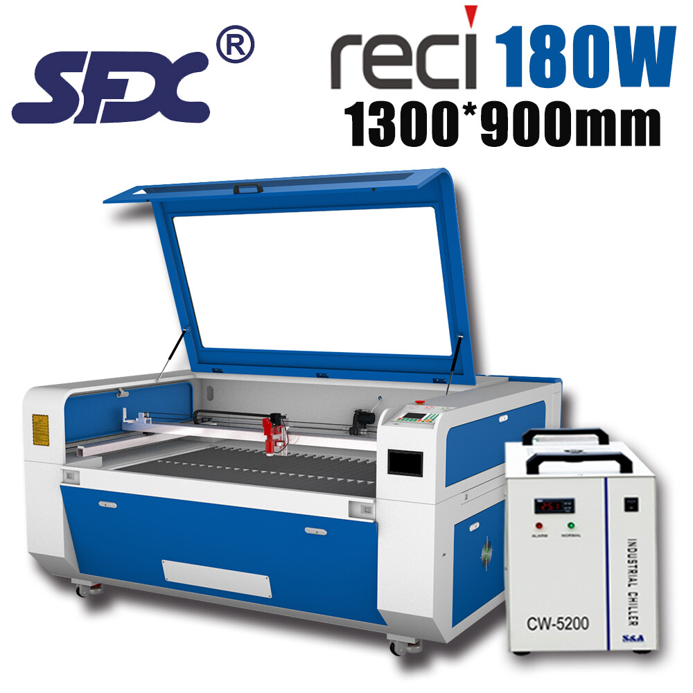 A blue and white laser cutting machine with a computer control unit, used for industrial cutting applications.