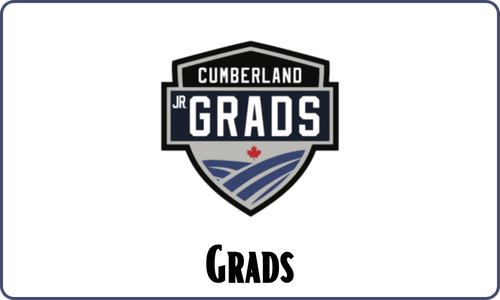 Cumberland Jr. Grads logo with a shield design, featuring a red maple leaf and stylized blue fields, and the word 'Grads' below.