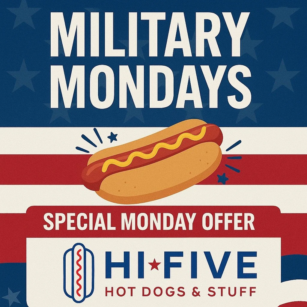 Military Mondays at Hi-Five Hot Dogs! 
To honor those who serve, we're proud to offer $2.50 All American Hot Dog, with any purchase for Service Members and one family member.
*Proof of service required (military ID, VA card, or uniform)
#militarydisc