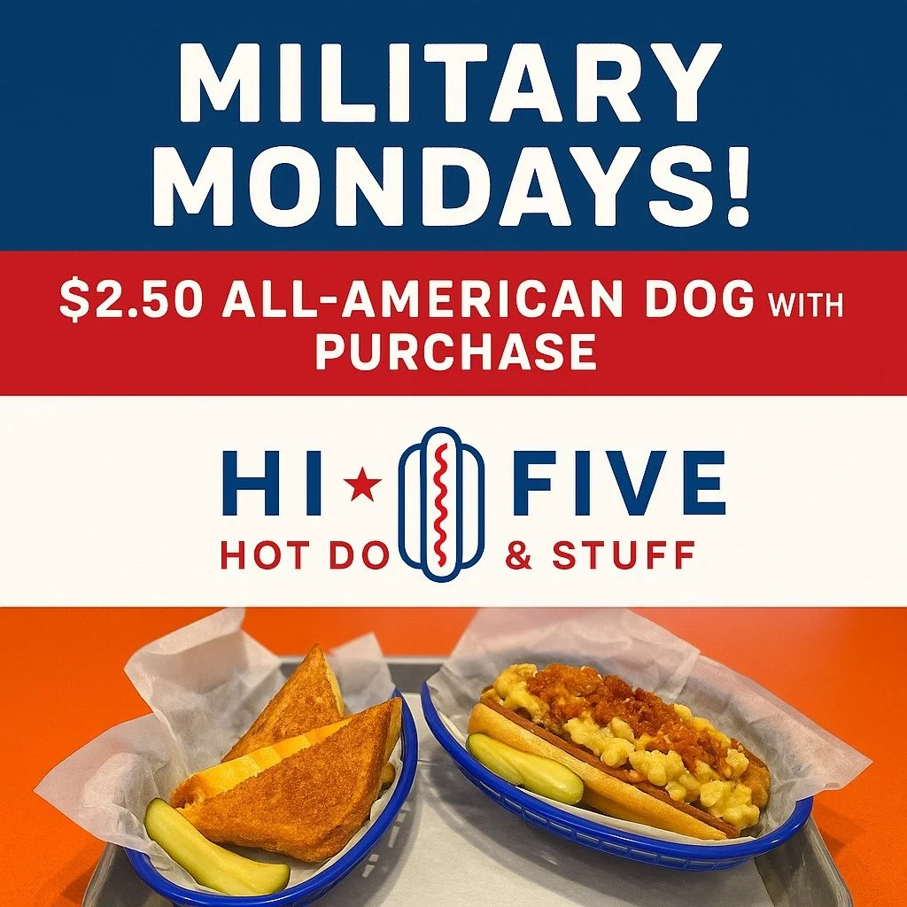 🎖️ Military Monday! Show your Military ID & get $2.50 All-American Dogs + 15% off for service members & families every day! Stop by Hi-Five Hot Dogs today 🇺🇸 
#militarymondays #militarydiscounts #murfreesborotn #hotdogs