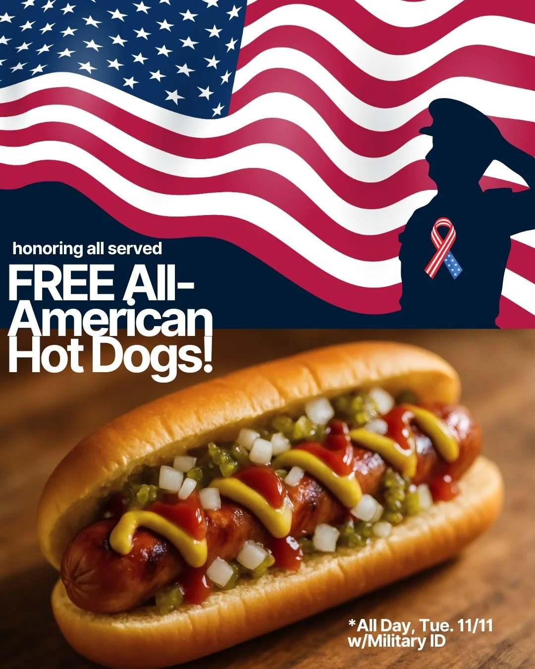 🇺🇸 Honoring Our Heroes! 🇺🇸
This Tuesday for Veterans Day, we&rsquo;re saying thank you the Hi-Five way &mdash; with a Free All-American Hot Dog for all Veterans and Active-Duty Service Members!

🎖️ Just show your military ID at any Hi-Five Hot D