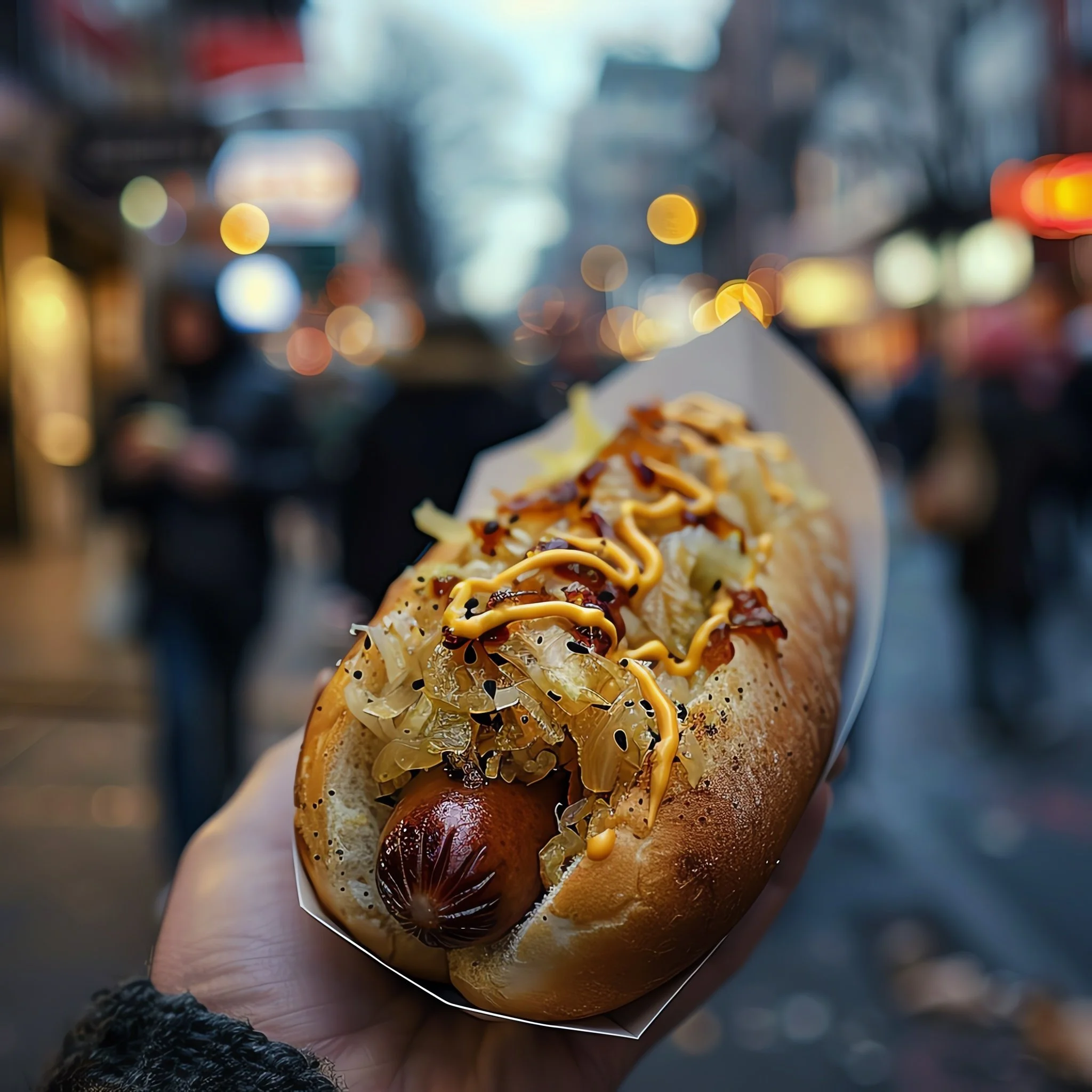 New York street hot dog with sauerkraut, spicy brown mustard, and relish, captured in a bustling urban setting with blurred pedestrians