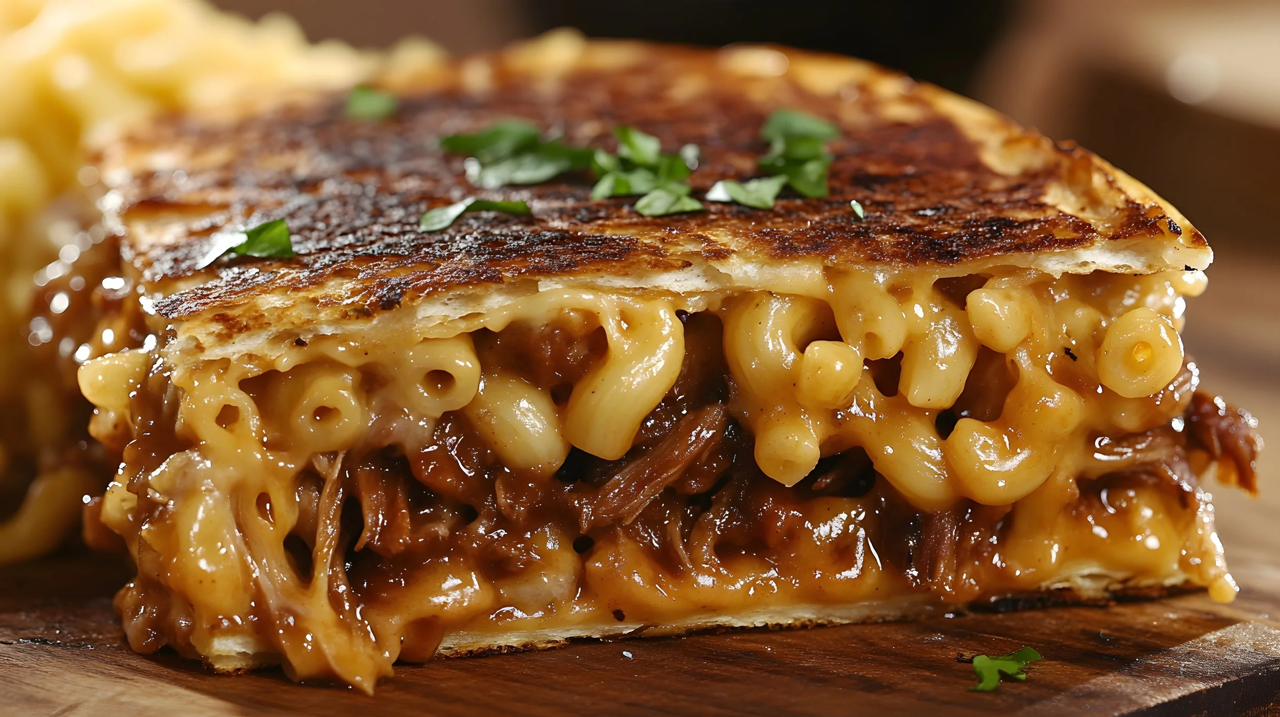 Pulled Pork in Carolina BBQ sauce, Mac & Cheese stacked between Tillamook Sharp cheddar, then top all that off with tender Caramelized Onions.