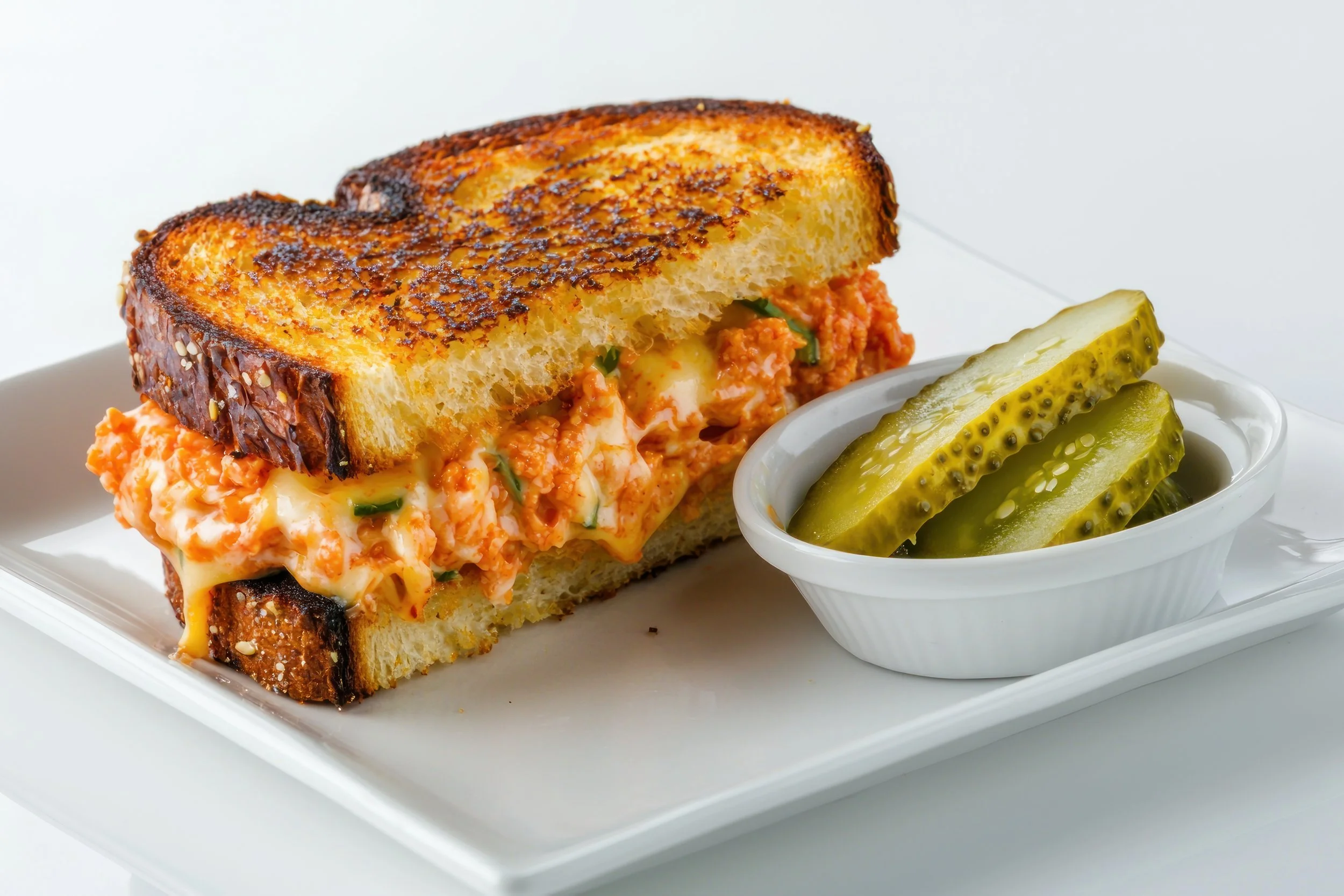 Delicious grilled cheese sandwich with spicy pimento cheese filling served with pickles on white plate tasty gourmet